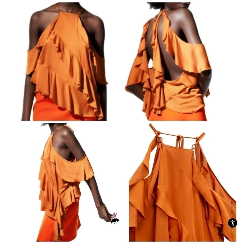 Zara rufled healter top thing straps Burnt Orange asymmetric hem back tie closur